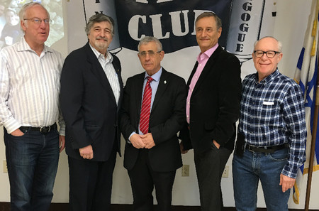 From left: Men&rsquo;s club steering committee member Jack Lipsky; foundation Vice President and men&rsquo;s club steering committee member Dr. Paul Brody, who arranged Kedar&rsquo;s appearance; Dr. Mordechai Kedaredar of Bar-Ilan University; men&rsquo;s club Vice President Dr. Rob Knepper, and steering committee member Steve Blumner.
