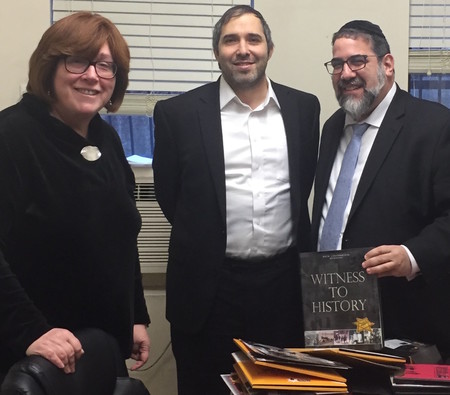 Mrs. Ruth Lichtenstein, director of Project Witness and edior-in-chief and publisher of Hamodia, with Rabbi Moshe Hubner, HAFTR HS rabbi, and HAFTR HS Principal of Judaic Studies Rabbi Gedaliah Oppen.