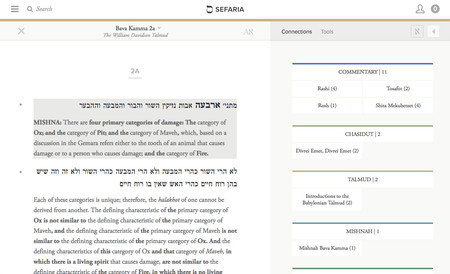 The interface of the Steinsaltz Talmud on Sefaria includes line-by-line translation, along with links to commentaries and references to a range of Jewish sources, which appear in a separate vertical.