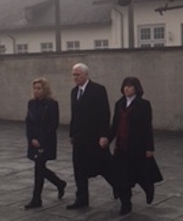 Vice President Mike Pence, with his wife and daughter, after laying a wreath at the International Memorial at the Dachau Nazi camp on Sunday.