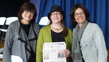 Participating in literacy week at the Shulamith School for Girls, Celia Weintrob from The Jewish Star is flanked by Dr. Evelyn Gross, associate principal of Shulamith Middle Division (left) and Rookie Billet, principal of the Middle Division.