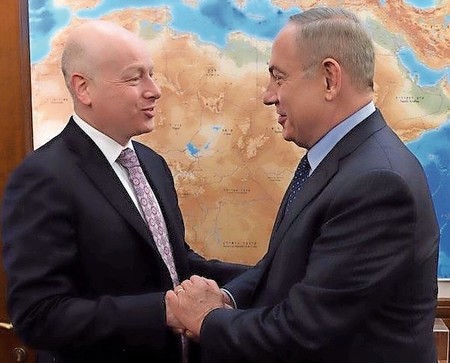Jason Greenblatt meets Israeli Prime Minister Netanyahu during a visit to Jerusalem on Monday.