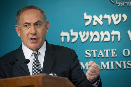 Prime Minister Benjamin Netanyahu speaks during a press conference at the Prime Minister office in Jerusalem on March 14.