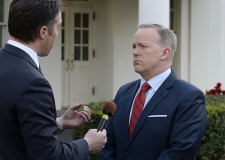 Presidential Press Secretary Sean Spicer apologizes for comments he made suggesting that President Bashar al-Assad of Syria was worse than Hitler, during a TV interview at the White House April 11.