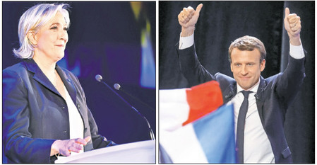 Marine Le Pen and Emmanuel Macron speaking in Paris on Sunday, after advancing to the final round of France&rsquo;s presidential election last Sunday.
