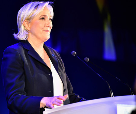 National Front leader Marine Le Pen addresses activists at the Espace Francios Mitterrand  on April 23 in Henin Beaumont.