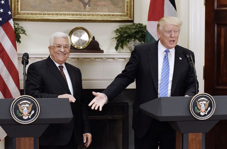 President Trump gives a joint statement with President Mahmoud Abbas of the Palestinian Authority in the Roosevelt Room  of the White House on Wednesday, May 3.