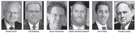 From left: Morton Klein, Jeff Ballabon, Bruce Abramson, Rabbi Shmuley Biotech, Joel Pollak, Ronald Lauder.