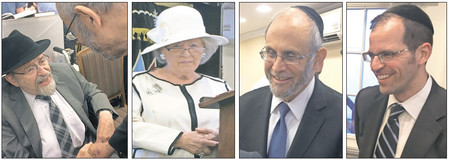 At Beis Haknesses of North Woodmere on Sunday (from left): Rabbi Maurice Lamm&rsquo;s brother, Rabbi Norman Lamm; Rebbetzin Shirley Lamm; Rav Yehuda Kelemer, mora d&rsquo;asra of the Young Israel of West Hempstead; Rabbi Aryeh Lebowitz, and mora d&rsquo;asra of the Beis Haknesses of North Woodmere.