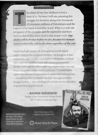 The Forward published this paid advertisement supporting Palestinian ter-rorist Marwan Barghouti.