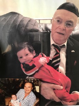 Jack Rybsztajn holds his great-grandson, Isaac. Years earlier, in inset below, he holds his grandson, Marc, who is Isaac&rsquo;s father.