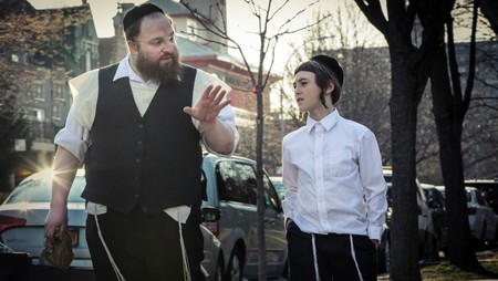 Hasidic father Menashe and his son Rieven in the film &ldquo;Menashe.&rdquo;