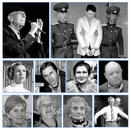 Top row: Leonard Cohen performing in Ramat Gan, Israel, on Sept. 24, 2009. Otto Warmbier arriving at court for his trial in Pyongyang, North Korea on March 16, 2015. Middle row from left: Carrie Fisher as Princess Leia in &ldquo;Star Wars,&rdquo; Jerry Lewis in 1971, Simone Veil in 1974, Don Rickles in 2007. Bottom row from left: Sara Ehrman in 2016, Vera Rubin in 2010, Ruth Gruber in 2011, Dr. Henry Heimlich demonstrating his famous eponymous maneuver on Johnny Carson in 1979.
