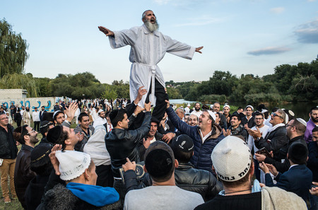 Hasidic pilgrims dance not far from the burial site of Rebbe Nachman of Breslov in Uman, Ukraine, on Sept. 14, 2015.