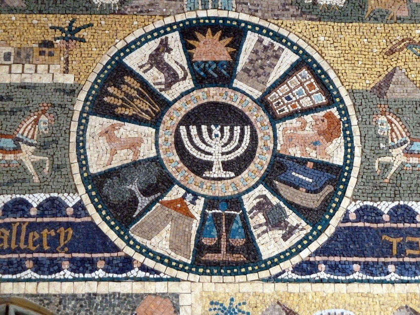 A street Mosaic of symbols of the 12 tribes of ancient Israel, in Jerusalem&rsquo;s Old City.