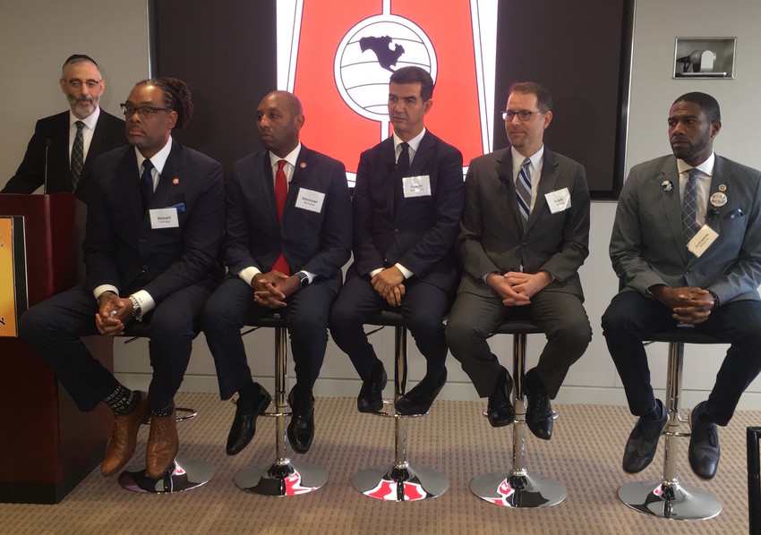 Agudah&rsquo;s Executive Vice President, Rabbi Chaim Dovid Zwiebel (left) moderated a panel discussion that featured five New York City councilmembers, from left: Robert Cornegy, Jr., Donovan Richards, Ydanis Rodr&iacute;gez, Mark Levine, Juumane Williams.