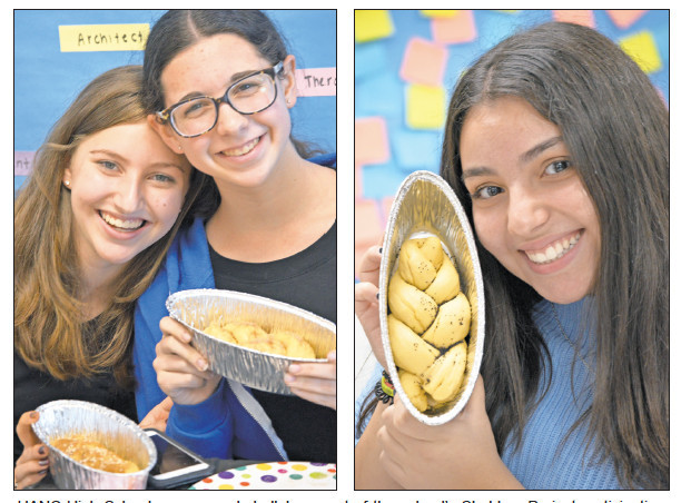 HANC High Schoolers prepared challah as part of the school&rsquo;s Shabbos Project participation. See story on page 9. Pictured, from left: Rebecca Linder, Rebecca Cohen, and Sarah Levian.