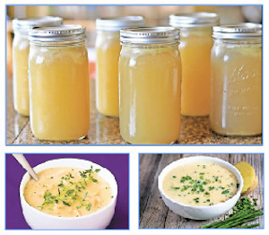 Top: Chicken Bone Broth. Bottom left: Chicken and Garlic Soup. Bottom right: Creamy Leek and Potato Soup with Shallots and Chives
