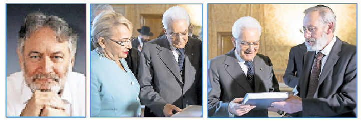 Italian President Sergio Mattarella receives the first volume of the Babylonian Talmud translated into Italian, from the Professor Clelia Piperno and the Chief Rabbi of Rome, Riccardo Di Segni (at right). At left: Rabbi Jeremy Rosen.