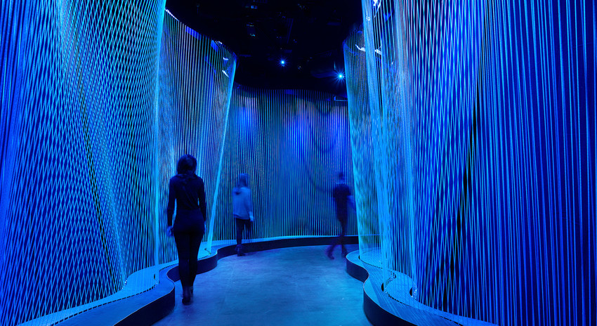 Museum of the Bible visitors are enveloped in water-lighting effects as they pass through the sea in the &ldquo;Exodus from Egypt&rdquo; gallery.