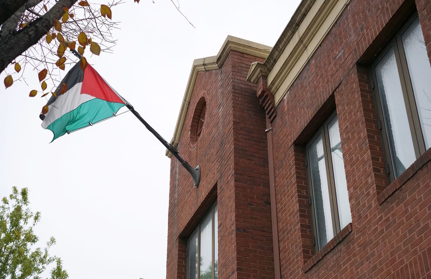 The PLO flag is visible above its offices in Washington on Nov. 18.