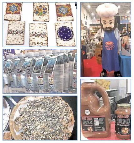 At Kosherfest, clockwise from top left: Matzohgram is printing patterns on matzah; Matzo Man anchors Streit&rsquo;s expansive Pesach display; just add eggs to this container of shakshuka sauce for a quick Israeli breakfast; and Oxigen water claims to aid in post-workout recovery.