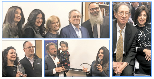 Attorney Ben Brafman, Five Towns master of ceremonies par-excellence, is flanked (from left) by library director Lisa Hawk, Rebbetzin Chanie Wolowik, Linda Brafman, and Rabbi Zalman Wolowik. Library Ambassador honorees Alan and Helene Gerber (at right), Avi and Danielle Arongvitz (bottom left) and Jamie and Rachel Stahler.