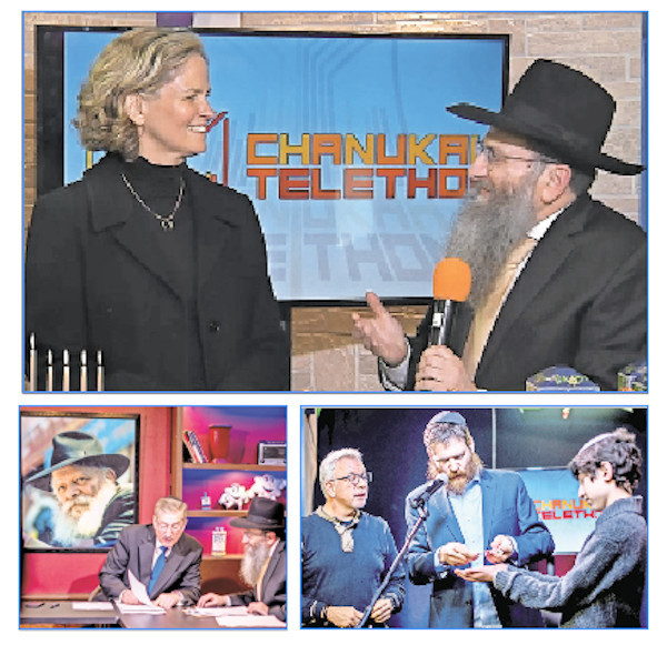 Top: Nassau&rsquo;s County Executive-elect Laura Curran speaks with Chabad of Mineola&rsquo;s Rabbi Anchelle Perl, during the annual Chanukah Telethon. Bottom left: Co-host Kive Strickoff with Rabbi Perl. Right (from left): Audience member Vincent Butta, illusionist Ilan Smith, and audience member Sammy Tisser, a student at HAFTR.