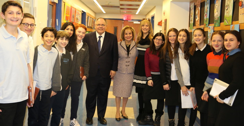 Students on the MDS Stand With Israel advocacy team are pictured with (from left) Ambassador Dani Dayan, Associate Principal Judy Melzer, and Head of School Raizi Chechik. MDS teacher and consultant to Stand With Israel Natacha Lugassy is pictured among the students to the left of the ambassador.