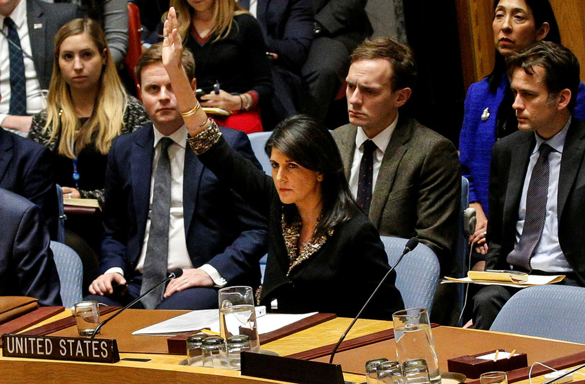 United States Ambassador to the United Nations Nikki Haley vetos an Egyptian-drafted resolution on the status of Jerusalem, at the United Nations Security Council on Monday.