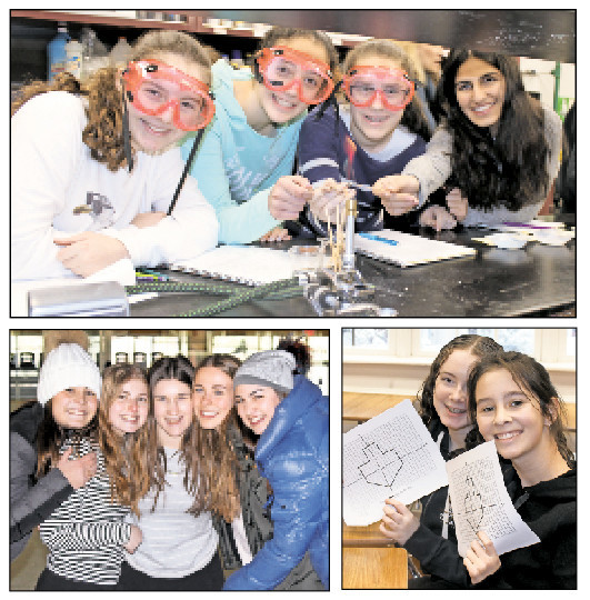Clockwise from top: SKA&rsquo;s Chanukah Across the Curriculum brought the holiday into chemistry and math classes, and SKA girls celebrate Chanukah on Ice.