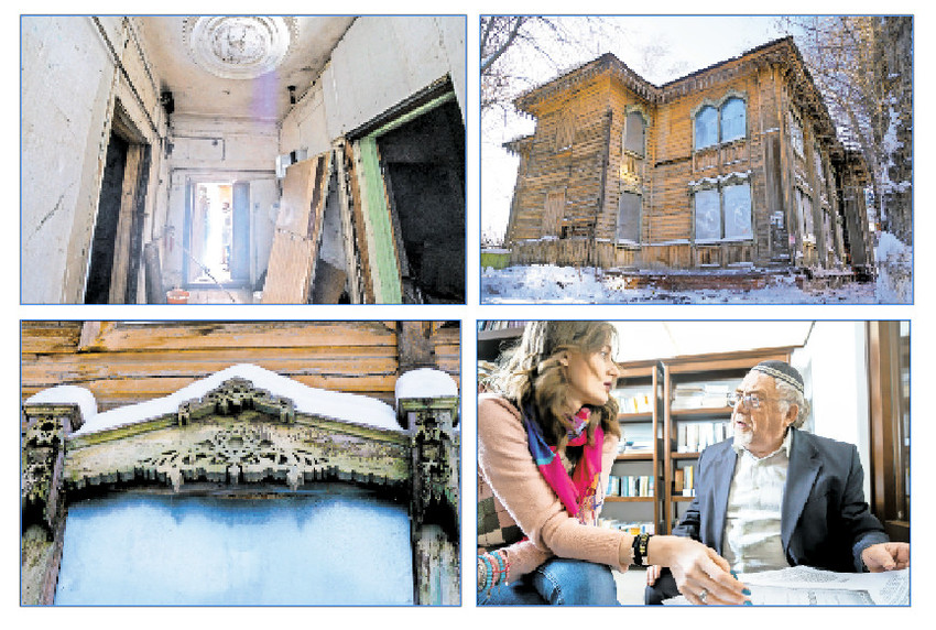 Clockwise from top left: The entrance hall of the Tomsk&rsquo;s Soldiers&rsquo; Synagogue building in Tomsk; outside the Soldiers Synagogue building in Tomsk; Tomsk historian David Kuzhner and Chana Safarova-Nikitenko reviewing archive material at the library of the Great Synagogue of Tomsk; and Stars of David are worked into the facade of the Soldiers Synagogue in Tomsk, Siberia, which was built by conscripted Jews and only recently returned to the local Jewish community.