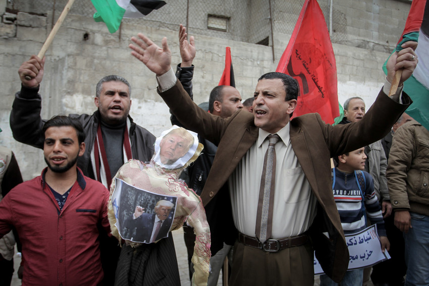 Palestinians protest U.S. aid cuts, at U.N. offices at the Khan Yunis refugee camp in the Gaza Strip on Feb. 11.