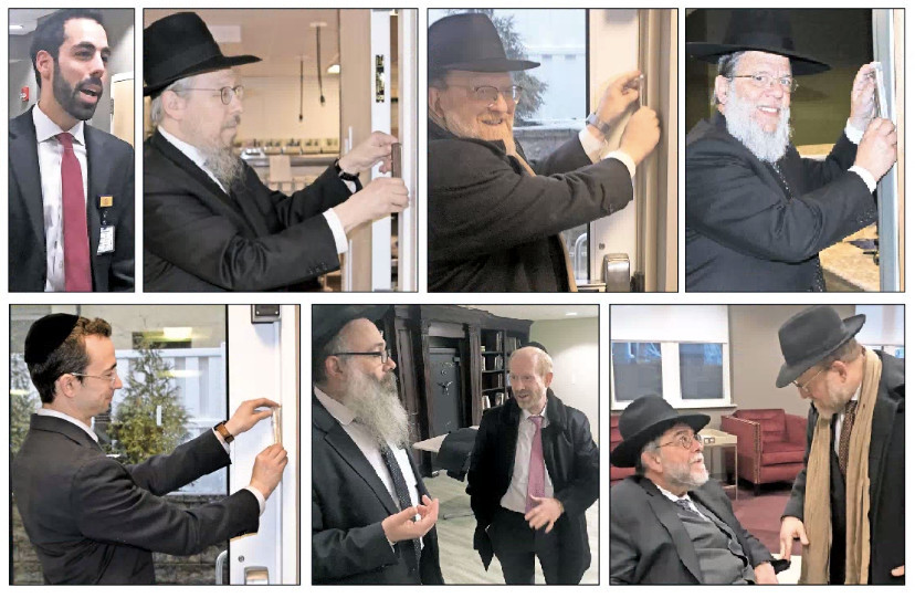 Local rabbis visited the Five Towns Premier Rehabilitation and Nursing Center last week, touring the facility and affixing mezuzot. Above from left: Center administrator Elie Pollock; Rabbi Yosef Eisen of the Vaad HaKashrus of the Five Towns and Far Rockaway; Rabbi Hershy Blumstein of the Young Israel of Hewlett; and Rabbi Mordechai Kamenetsky of the Yeshiva of South Shore. Below from left: Rabbi Yaakov Trump of the Young Israel of Lawrence-Cedarhurst; Rabbi Zalman Wolowik of Chabad of the Five Towns with one of the center&rsquo;s principals, Ben Philipson; and Rabbi Simcha Lefkowitz of Congregation Anshei Chesed in Hewlett with Rabbi Blumstein.