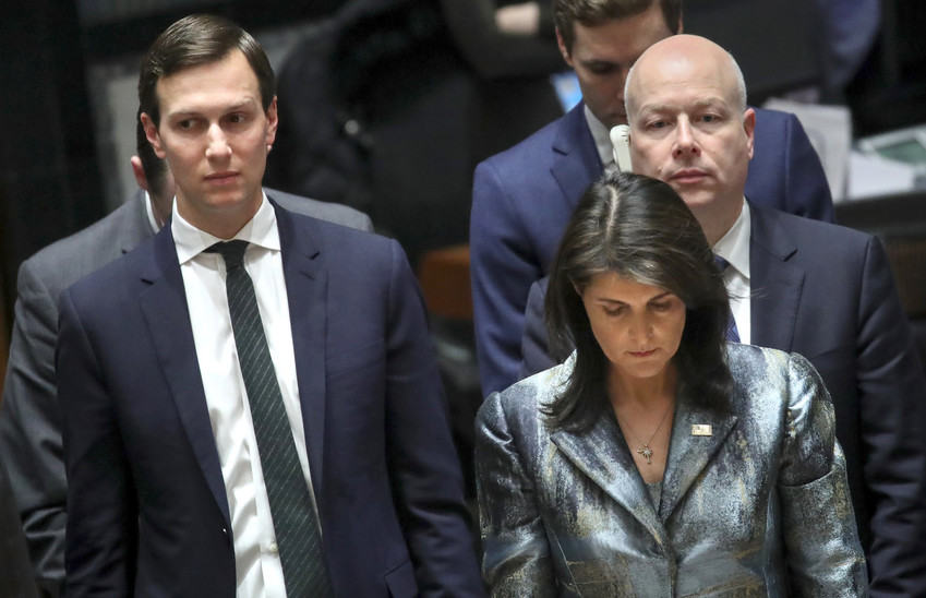 Jared Kushner at a U.N. conference with Ambassador Nikki Haley and his fellow Middle East peace negotiator Jason Greenblatt, on Feb. 20.