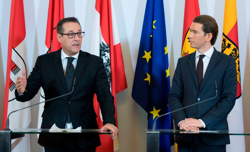Chancellor Sebastian Kurz, right, of the Austrian People&rsquo;s Party and Vice Chancellor Heinz-Christian Strache of the Freedom Party, after their first Cabinet meeting on Dec. 19, 2017.