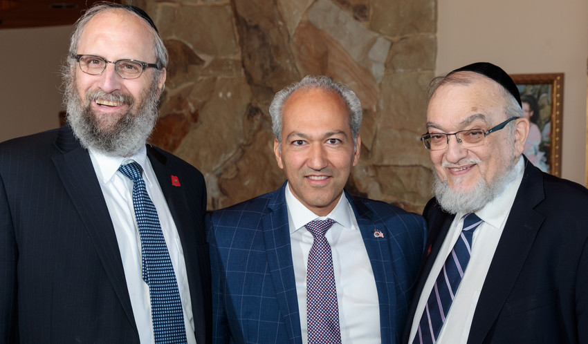 From left: Rabbi Yeruchim Silber, director of government relations for the Agudah; Dr. Pedram Bral, mayor of Great Neck; Rabbi Shmuel Lefkowitz, Agudah&rsquo;s vice president of community services.