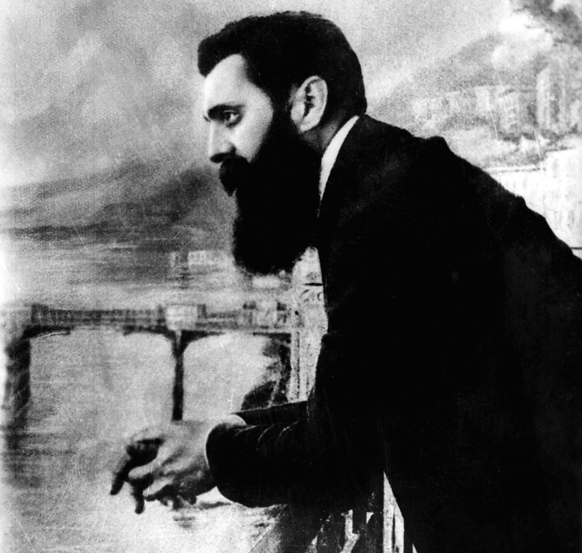 Theodore Herzl, the father of modern Zionism, leans over the balcony of the Drei Konige Hotel during the first Zionist congress August 29, 1897 in Basel, Switzerland.