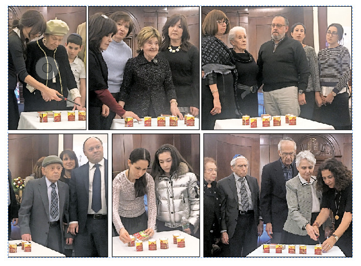 Those who lit the yahrzeit candles are pictured here &mdash; top row, from left: Cesai Tau, Helena Bomstein and Bertha Bochner; bottom row, from left: Herman Teper, the grandchildren of Fanya Gottesfeld Heller, and Sarah Knecht.