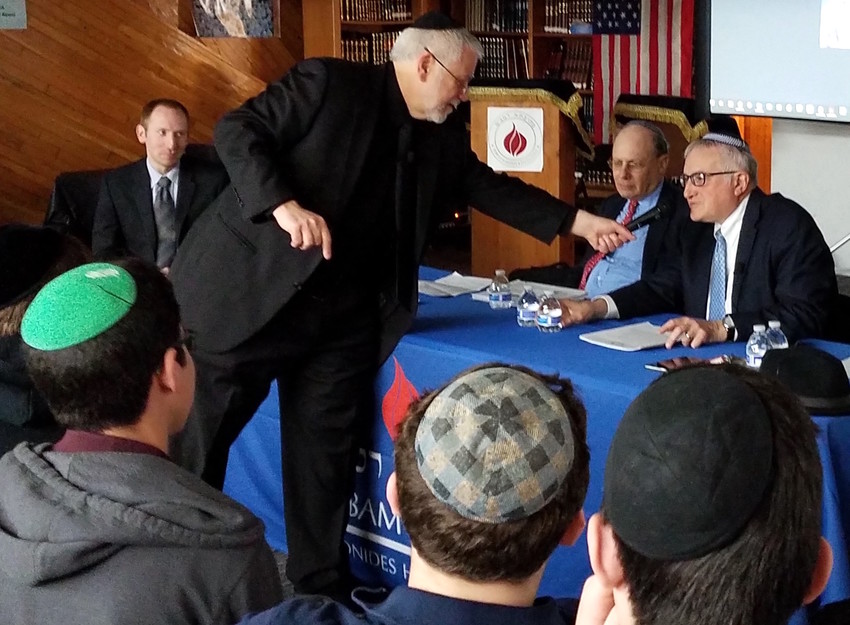 Rabbi Yotav Eliach (at right) is greeted at the launch of his book, &ldquo;Judaism, Zionism and the Land of Israel.&quot;