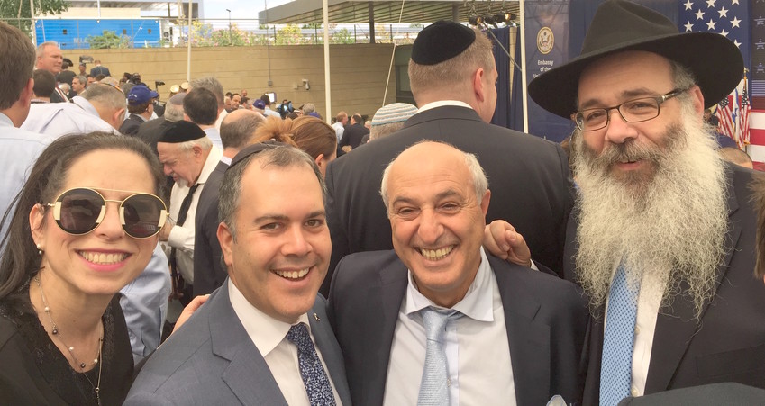 Five Towners at the opening of the U.S. embassy in Jerusalem on May 14 (from left): Cindy Grosz, Shalom Jacobs, Gidon Shema and Chabad Rabbi Zalman Wolowik, who delivered an opening invocation.