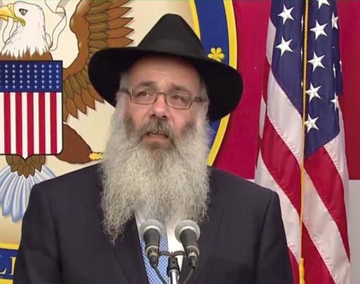 Chabad of the Five Towns Rabbi Zalman Wolowik, speaking at the opening of the U.S. Embassy in Jerusalem.