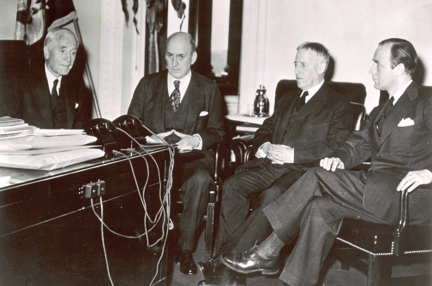 A meeting of the War Refugee Board in March 1944. From left: Secretary of State Cordell Hull, Henry Morgenthau, Henry Stimson, and John Pehle.