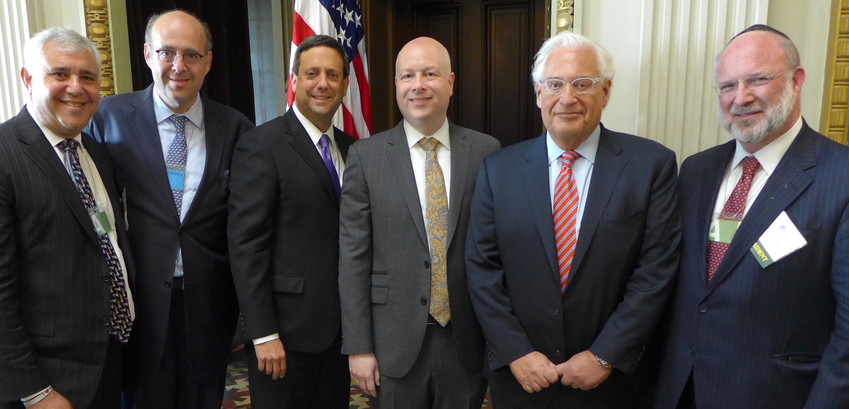 At the OU Advocacy Leadership Mission to Washington at the White House. From left: OU Advocacy Center Chairman Jerry Wolasky, OU Board of Directors Chairman Howard Tavi Freidman, OU Advocacy Executive Director Nathan Diament, Special Representative for International Negotiations Jason Greenblatt, U.S. Ambassador to Israel David Friedman, and OU President Moshe Bane.