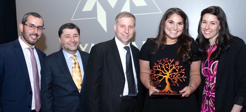 At the NY Yachad gala in Lawrence, from left: Ahron Rosenthal, Dr. Jeff Lichtman, Ken Saibel, Young Leadership Award recipient Adira Katlowitz, and Rebecca Schrag-Mayer.
