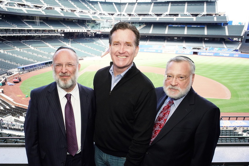 At OU event in CitiField in April, from left:  OU President Moishe Bane, state Sen. Maj. Leader John Flanagan, and OU Vice President Allen Fagin.