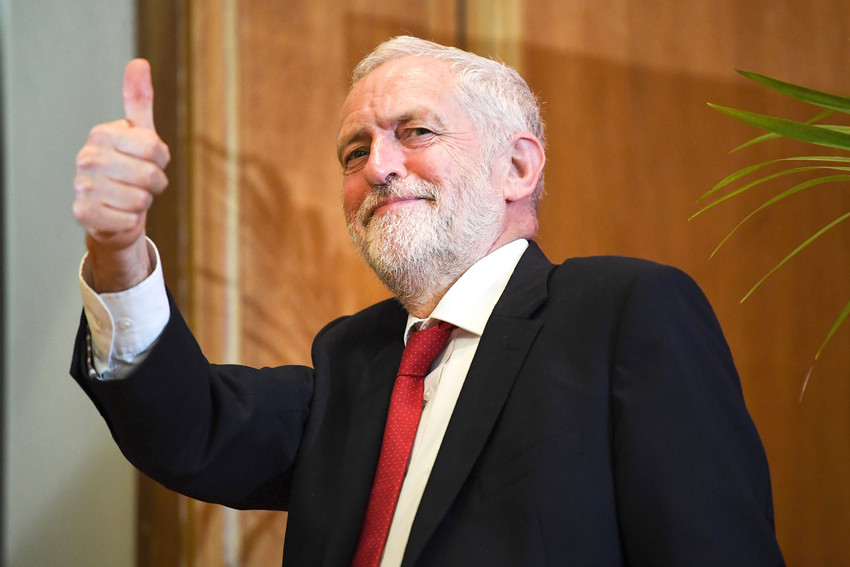 British Labour leader Jeremy Corbyn at Queens University in Belfast, Northern Ireland, on May 24, 2018.