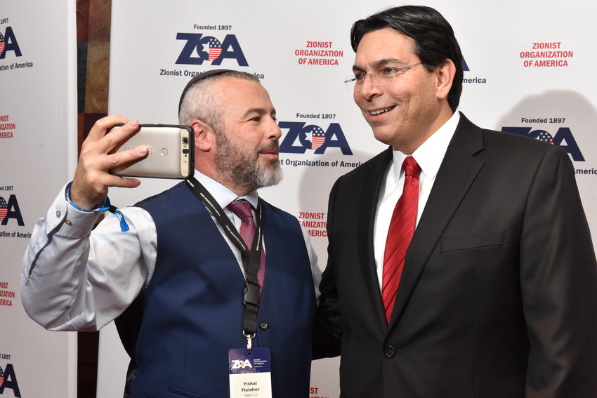 Yishai Fleisher, spokesperson for the Jewish community in Hebron, with Israel&rsquo;s UN ambassador, Danny Danon, at a ZOA gala.