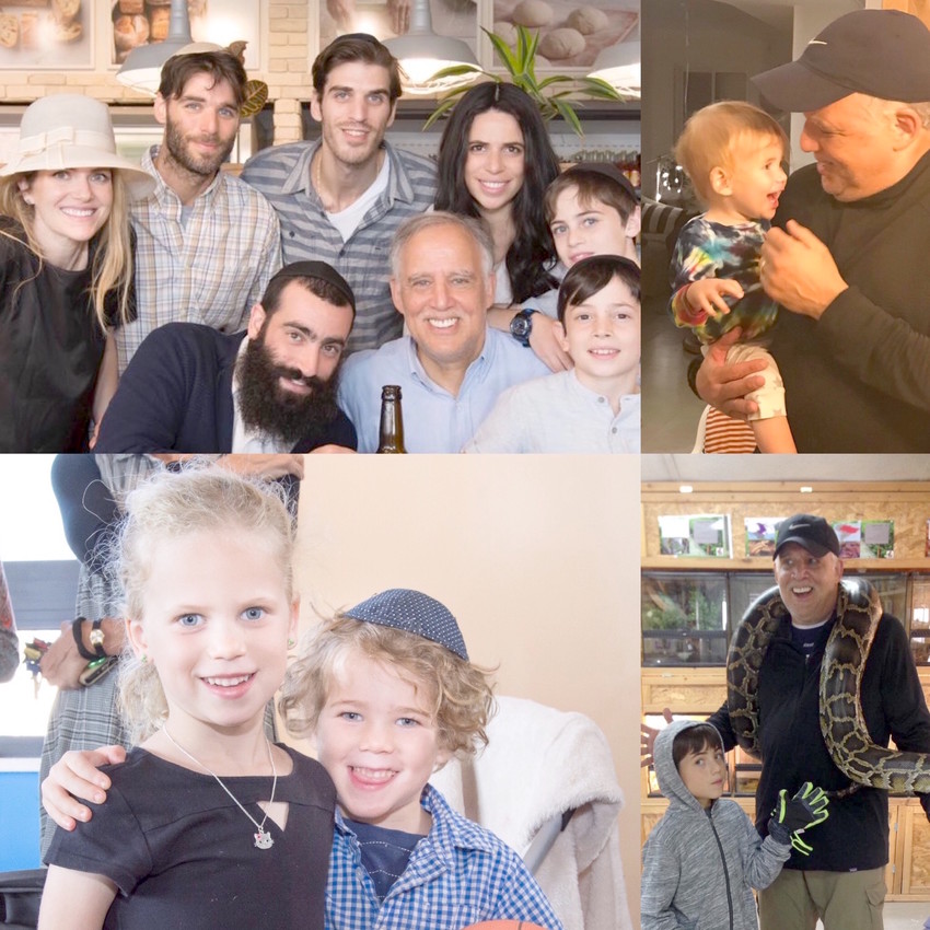 Top left photo, from left: Standing, Esther and husband Yoni Joszef, Jerry's son and daughter Elliot and Jordana, and Jordana's son Yisroel; Seated, Jerry's son-in-law Yitz, Jerry, and Jordana's son Shaya. Top right photo: Jerry with grandson Yedidya. Bottom left photo: Grandchildren Lia Rose and Noach. Bottom right photo: Jerry and grandson Nadav, who volunteers at a pet store.