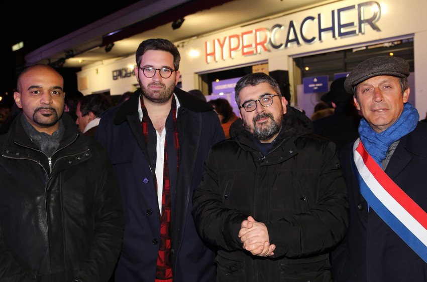 From left to right, Dominique Sopo, Sacha Ghozlan, Mohamed Sifaoui and Sen. David Assouline attend the annual commemoration for the victims of the 2015 jihadist attack at the HyperCacher store in Paris on Jan. 9. Ghozlan is president of the Union of Jewish Students of France.